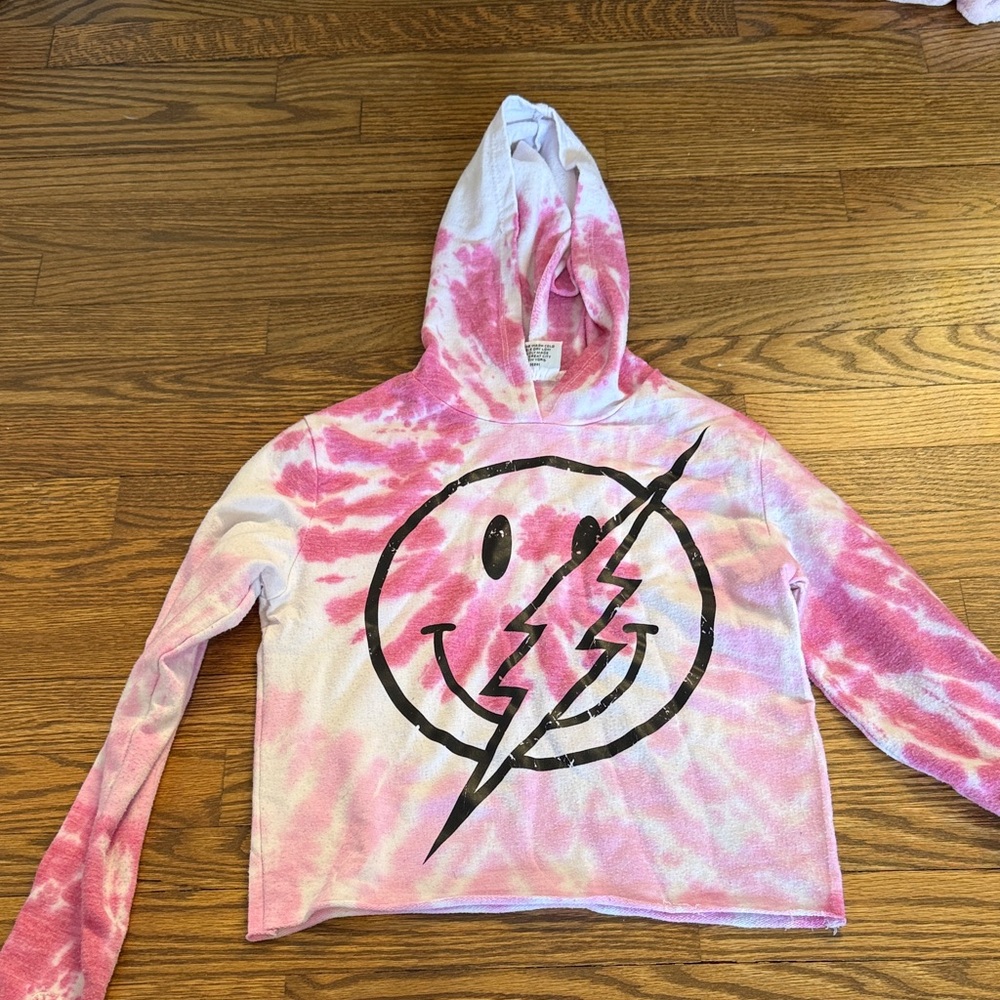 Firehouse Pink and White Tie-Dye Hoodie with Smiley Graphic Size XS